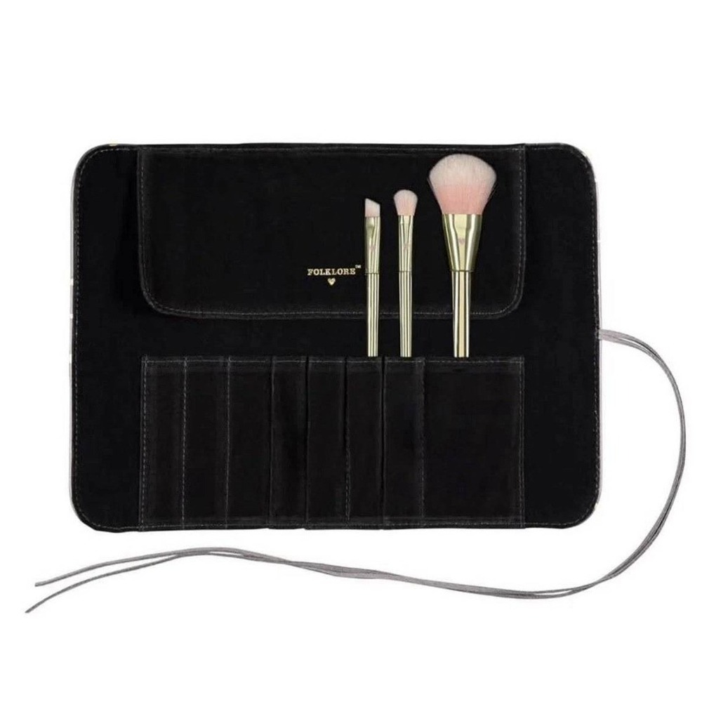 Folklore Makeup Brush Roll 4pc Gold Brushes Set NIB Gift Beauty Cosmetics Travel - Picture 2 of 5